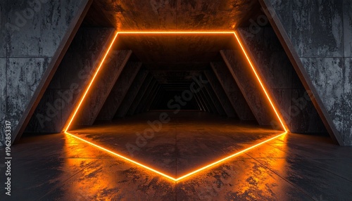 Futuristic Concrete Sci Fi Tunnel with Glowing Orange Neon Pentagonal Frame and Dark Industrial Architecture in Deep Underground Corridor