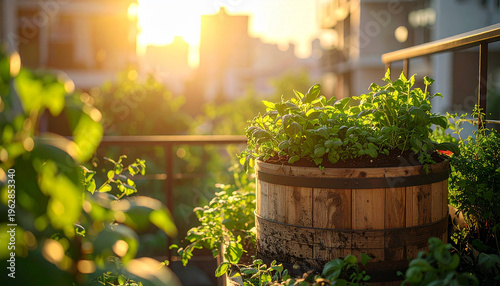 夕日の差し込む都会のベランダで育つ木樽のハーブ菜園