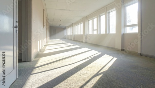 Long, sunlit corridor with doors, windows, and light/shadow play