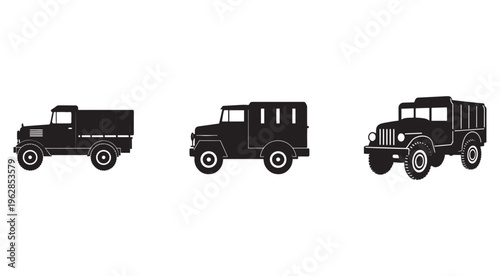 Three black silhouettes of vintage military trucks with large tires and rectangular bodies  isolated on white background