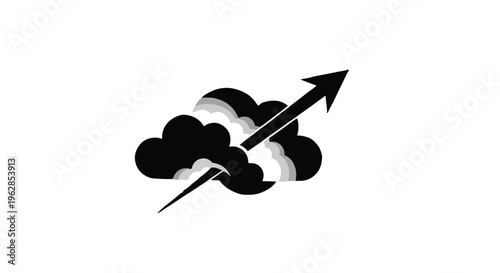 Stylized black cloud icon pierced by a sharp upward-pointing arrow, powerfully symbolizing progress, overcoming obstacles, and achieving business growth against a clean white backdrop.