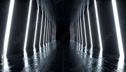 Futuristic Dark Corridor with Glowing White Vertical Light Bars and Reflective Wet Surface for Cinematic Science Fiction Scene Background