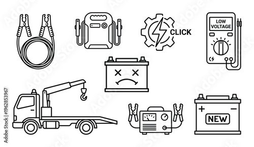 Automotive battery maintenance and emergency service icon set including jump cables and tow truck