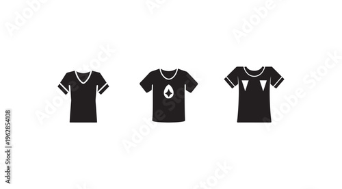 Three black t shirts with white trim and different designs on front isolated on white background