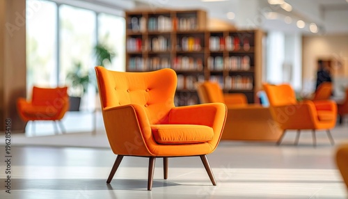 Bright orange armchairs in a sunlit reading area, blurred background