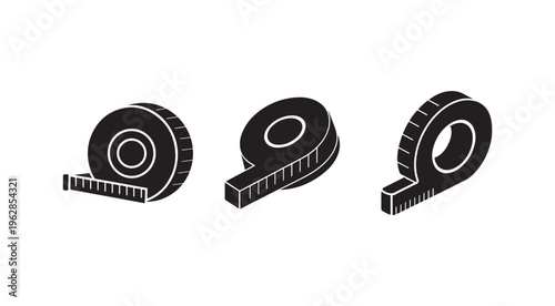 Three black tape measures in different positions on white background for construction and DIY projects  measurement tools