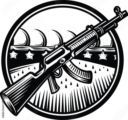 a black silhouette of a ak47 on a white background, black, drawing, gun, silhouette Isometric modern ak47 rifle with wood detailing and metallic finish