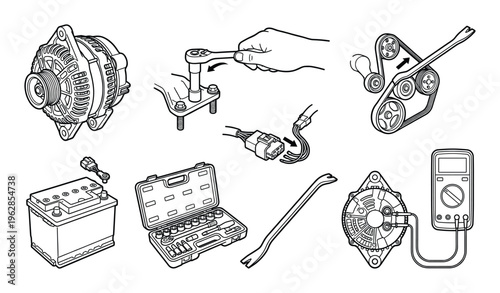 Alternator testing and drive belt removal guide featuring multimeter tool kit and pry bar diagrams