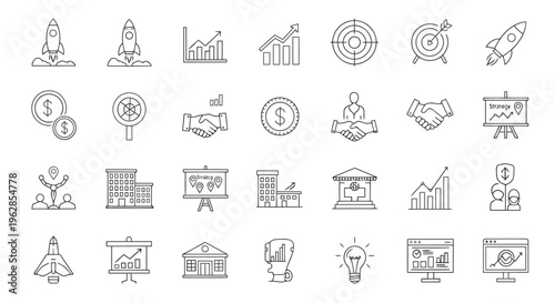 Black and white line icons of business strategy and finance