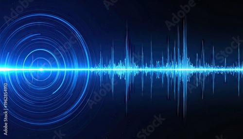 Digital sound wave with concentric circles and a bright blue beam