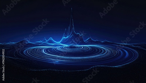 Abstract blue digital landscape with swirling, mountainous peaks
