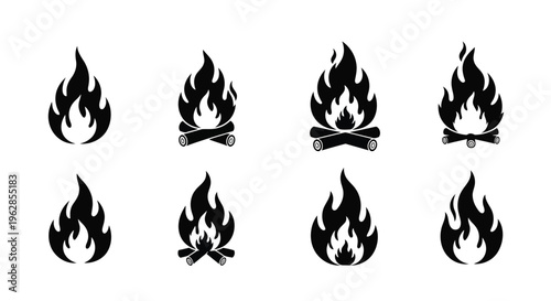 Black icons of fire and campfires