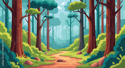 Pixelated illustration of a forest path leading into the distance