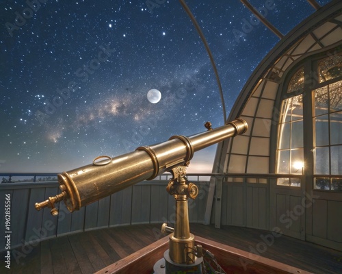 Antique Brass Telescope Pointed Towards Starry Night Sky in Observatory