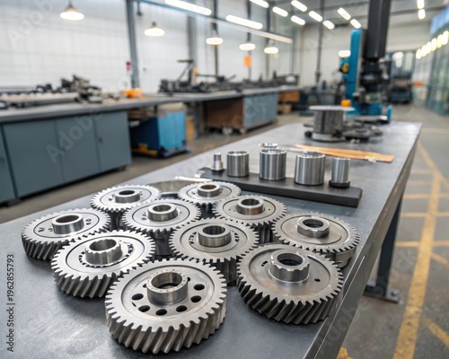 Precisely Engineered Metal Gears and Sprockets Stacked on a Workshop Table, Ready for Assembly