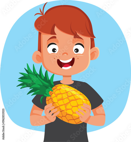 Happy Boy Holding a Pineapple Vector Illustration. Little kid snacking on an exotic fruit and feeling cheerful about healthy eating 