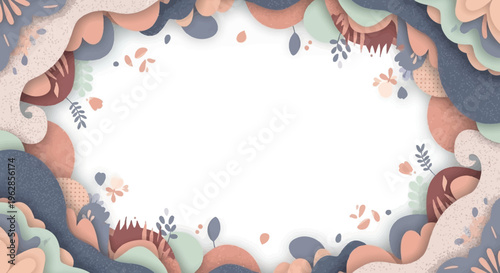 Abstract organic frame with soft pastel colors, nature-inspired shapes, and floral elements.