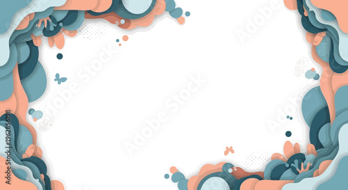 Abstract Organic Shapes Border Frame with Butterflies and Dots - Teal, Peach, and White