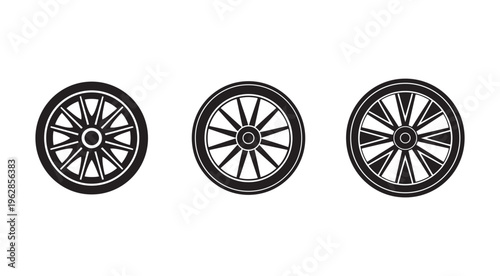 Three different bicycle wheel designs with various spoke patterns and tire widths in black and white  isolated on white background