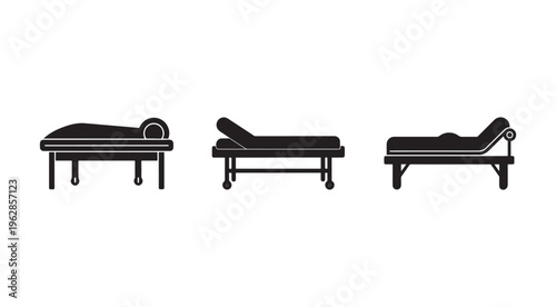 Three different types of beds with adjustable headrests on wheels for medical or home use