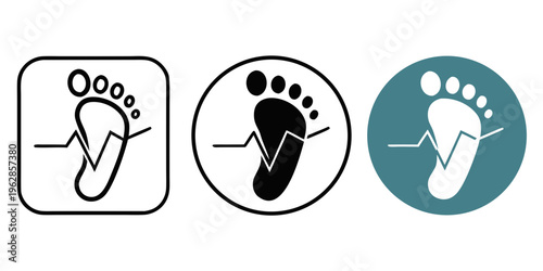 Newborn Baby Footprint with Heartbeat Pulse Line Pediatric Health Icon Vector set in multiple editable styles