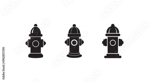Three different views of fire hydrant icons in black silhouette on white background for urban infrastructure or emergency services concepts  isolated symbols