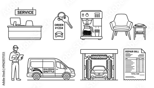 Automotive car dealership service department and amenities set for customers