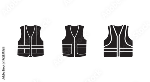 Three different views of safety vests with reflective strips  front and back  isolated on white background