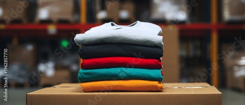 Stack of colorful t-shirts in a warehouse setting.
