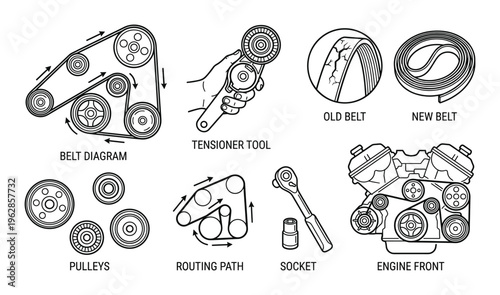 Automotive car maintenance service outline icons set, belt change vector illustration