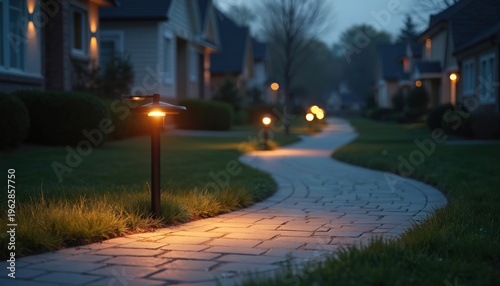 Winding paved garden path illuminated by modern bollard lights at dusk. Suburban neighborhood street lamps glow warmly on grass and homes. Peaceful evening scene with quiet residential architecture.