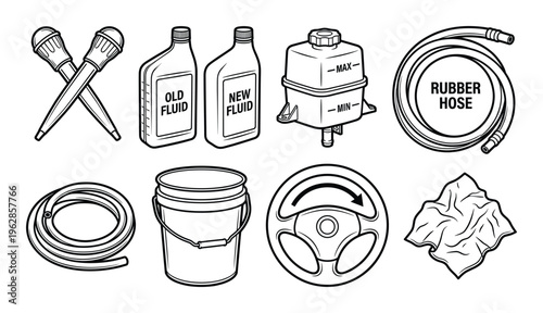 Automotive car maintenance service outline icons set, brake fluid change vector illustration