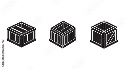 Three isometric black wooden crates with white outlines shown from different angles for packaging and shipping concepts  isolated on white background