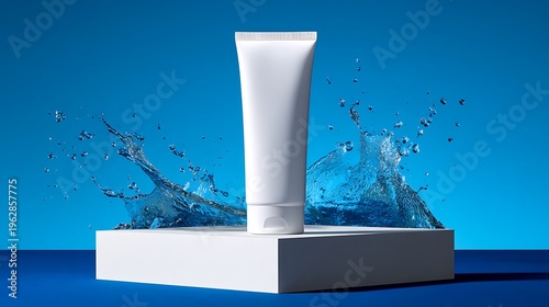 White Cosmetic Tube with Water Splash on Blue Background