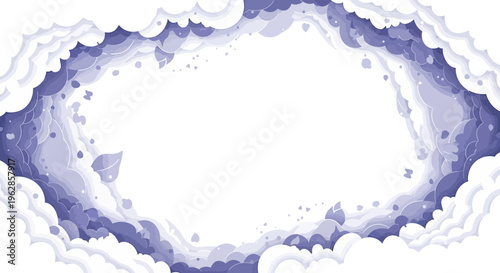 Abstract Purple Cloud Border Frame with Falling Leaves and Splashes
