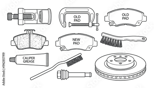 Automotive car maintenance service outline icons set, brake pad change vector illustration
