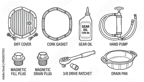Automotive car maintenance service outline icons set, gear oil change vector illustration