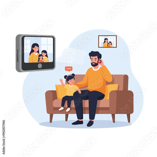 A father and daughter video calling their family at home while sitting on the couch