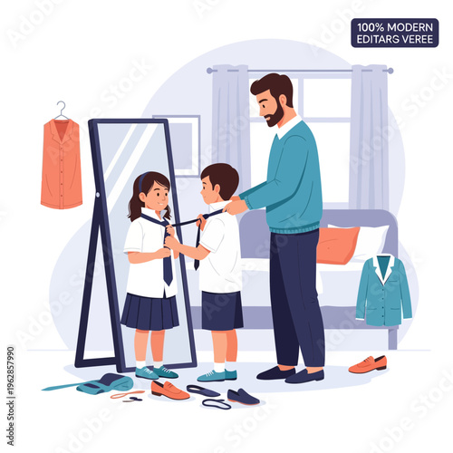 Father helps son and daughter tie school ties in bedroom reflection, preparing for school day