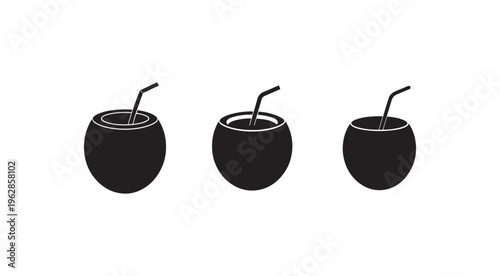 Three matte black cups with bent straws for drinking juice or smoothies  isolated on white background