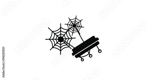 Intricate black spiderweb icons featuring a complex interconnected system, with two webs linked to a wheeled mechanical device, symbolizing entanglement, problem-solving, or the intricate mechanics.