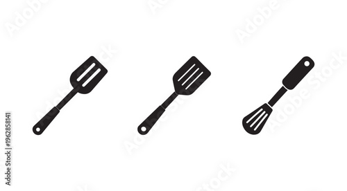 Three kitchen utensils icons including spatulas and whisk on white background for cooking and baking  kitchen tools