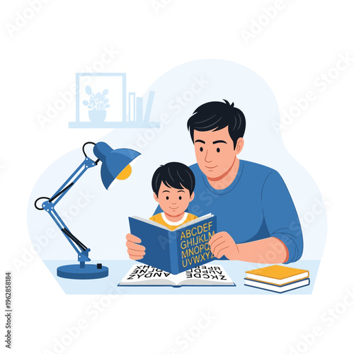 Father patiently teaches his young son the alphabet from an open book at home, illuminated by a desk lamp.