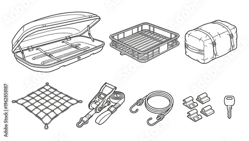 Automotive cargo roof box equipment with luggage bag and metal basket rack including security strap
