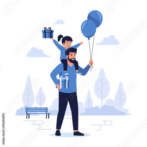 Father carrying child with gifts and balloons in a park setting