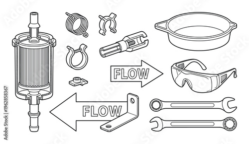 Automotive fuel filter with clamps hose connectors flow direction arrows and tools