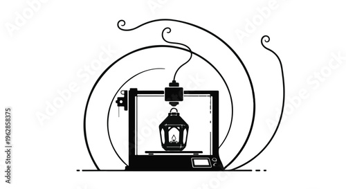 A detailed black and white illustration depicts a modern 3D printer in operation, meticulously crafting an intricately designed, ornate lantern, symbolizing the fusion of advanced manufacturing.