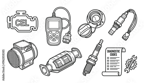Automotive diagnostic tools and car parts icons for car repair and service including engine light scanner