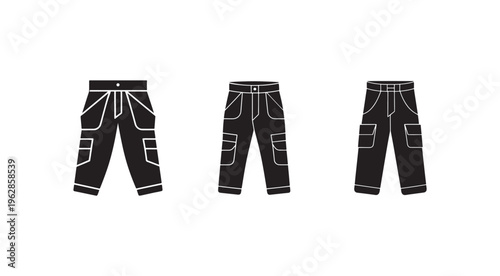 Three pairs of black cargo pants with white outlines in different views and positions  front and side  isolated on white background