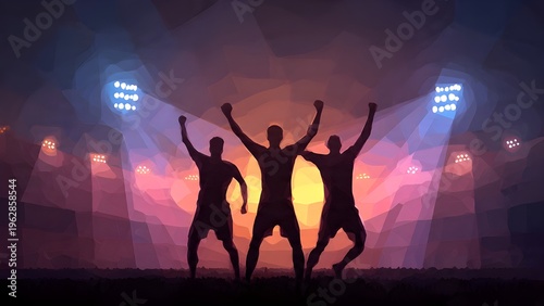 Silhouette Illustration of Soccer Player Celebration, Football Athlete Celebrating Goal Achievement, Sports Victory and Success Concept, Goal Scorer Pose on Sunset Stadium Background